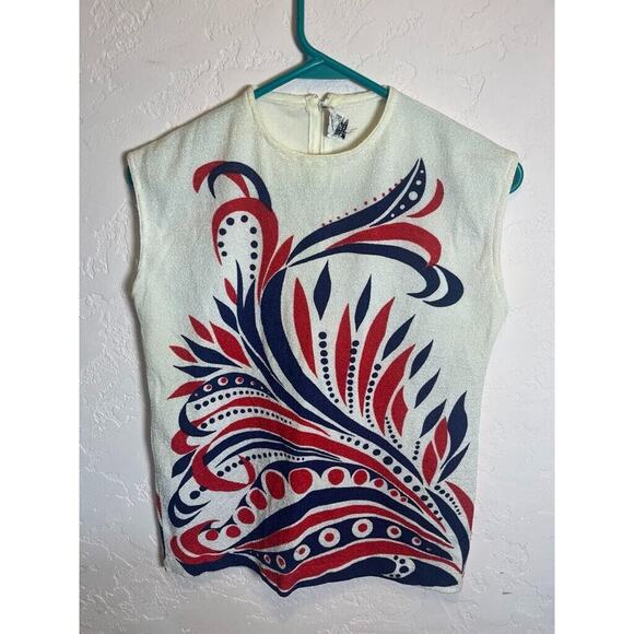 Vintage Tops - 1970s Flair Fashions Knit Top Dramatic Geometric Red White Blue Sleeveless Tank